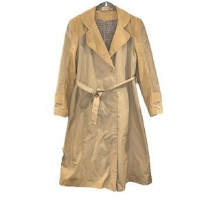Vtg Coatworks Judy Scates Corduroy Trim Button Belted Tan Brown Long Trench Coat